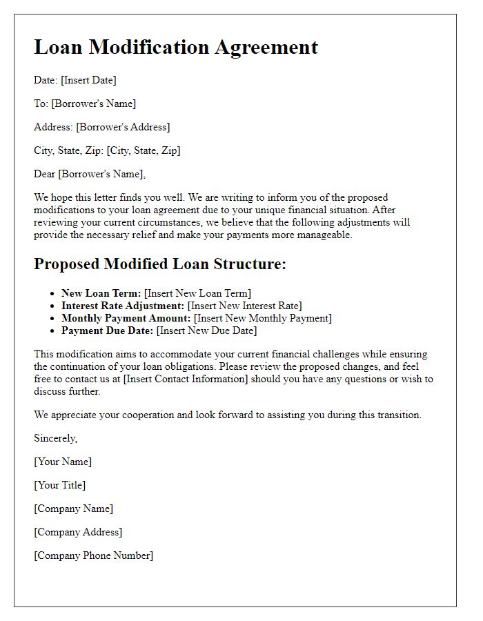 Letter template of modified loan structures for unique financial situations