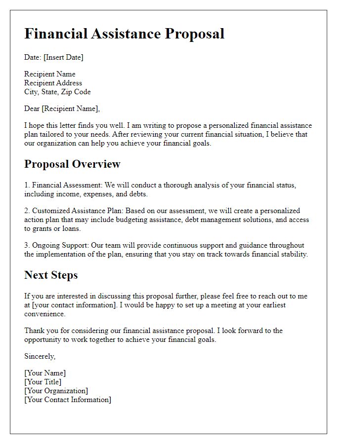 Letter template of personalized financial assistance proposals