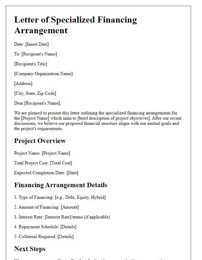 Letter template of specialized financing arrangements for projects