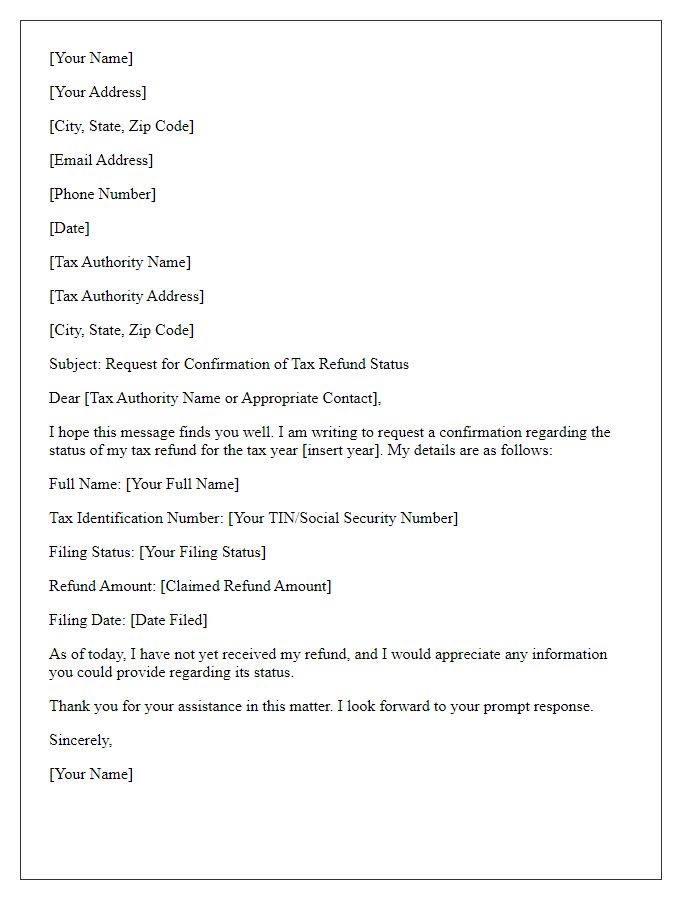 Letter template of tax refund status confirmation request