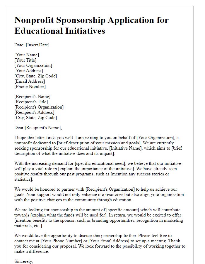 Letter template of nonprofit sponsorship application for educational initiatives