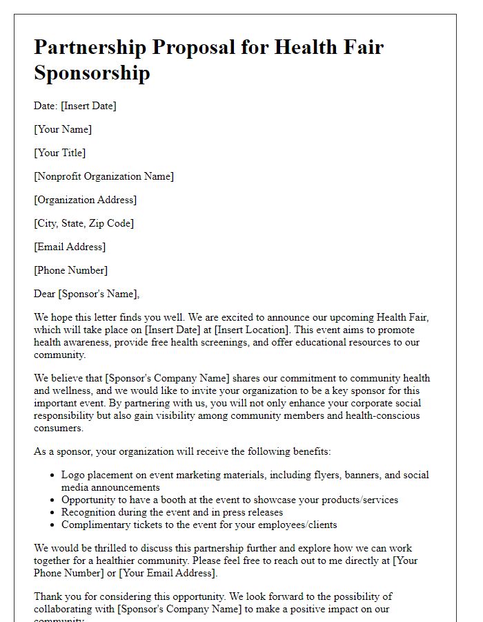 Letter template of nonprofit sponsorship partnership for health fair