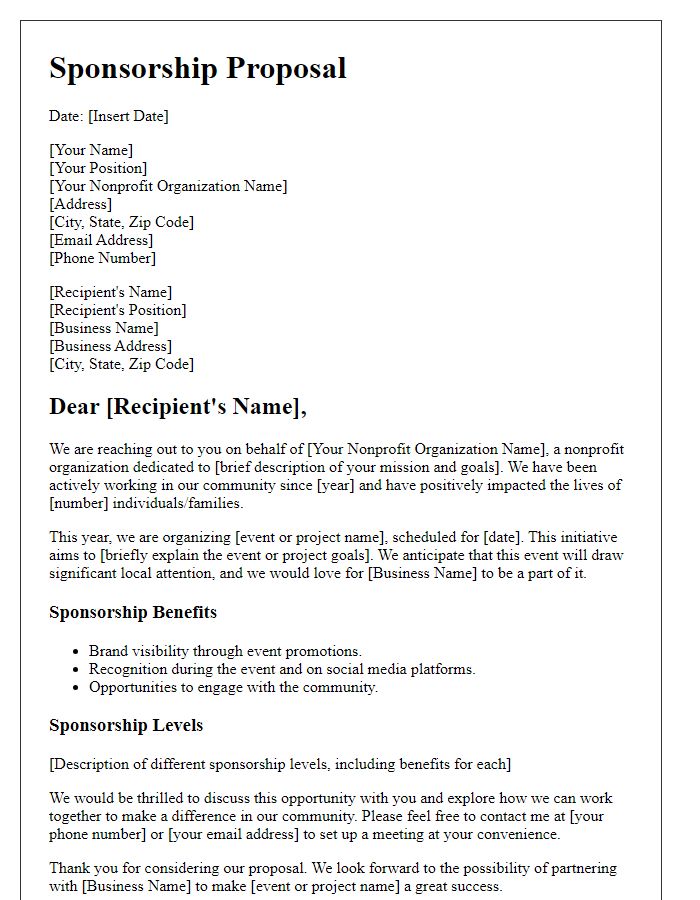 Letter template of nonprofit sponsorship proposal to local businesses