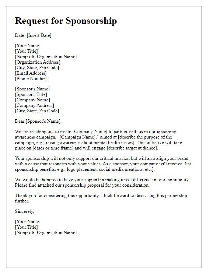 Letter template of nonprofit sponsorship solicitation for awareness campaign