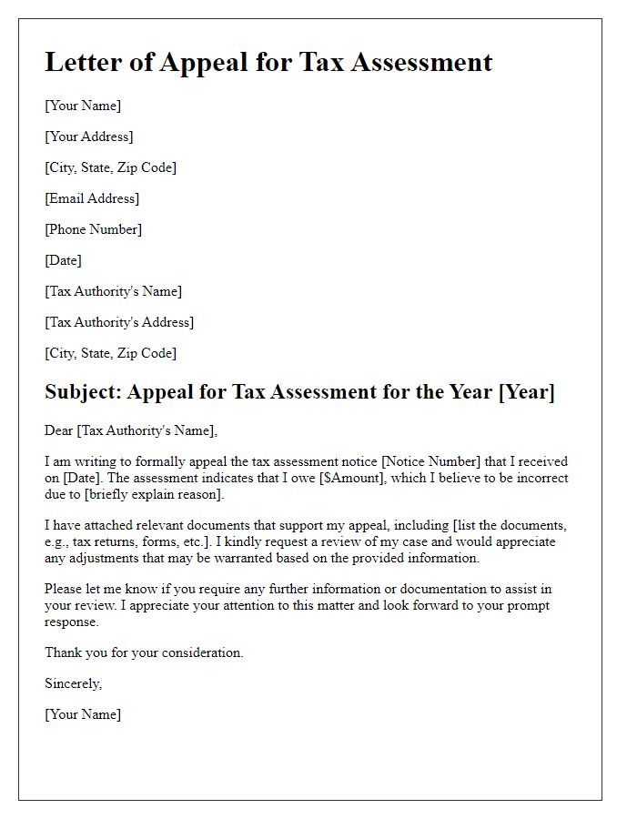 Letter template of appeal submission for tax assessment