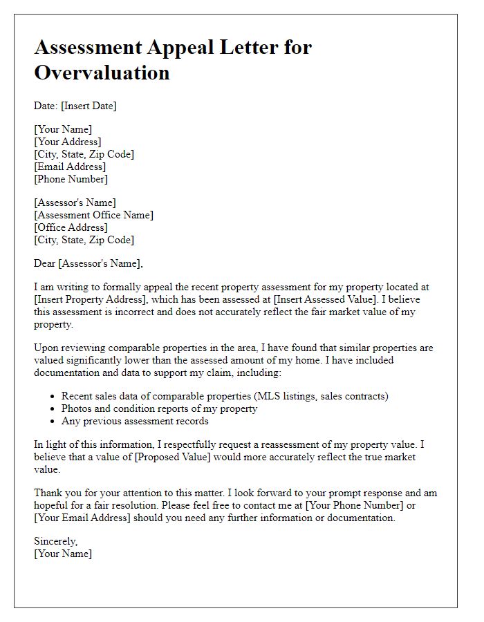 Letter template of assessment appeal for overvaluation