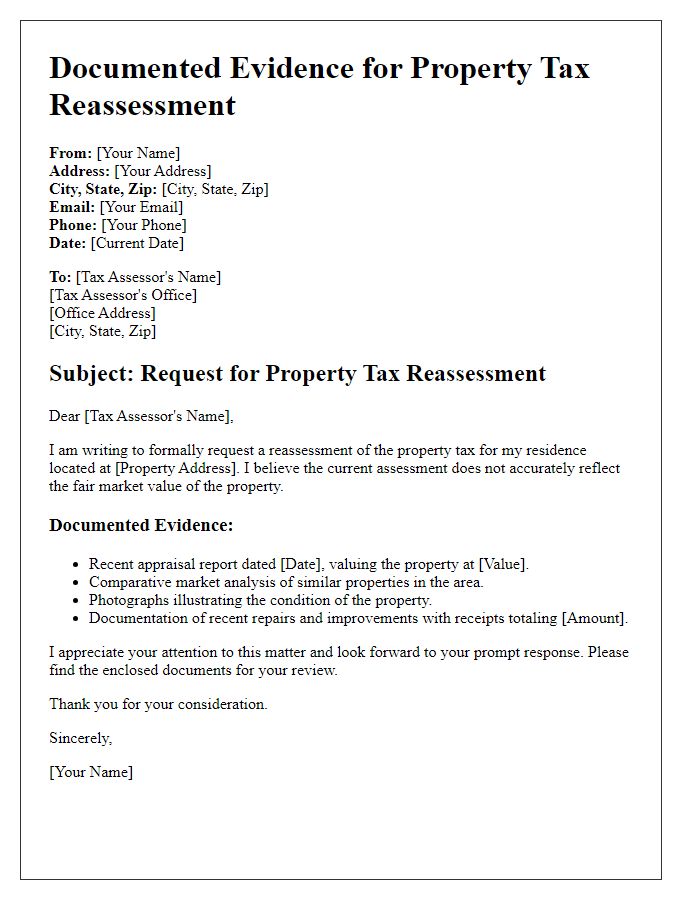 Letter template of documented evidence for property tax reassessment