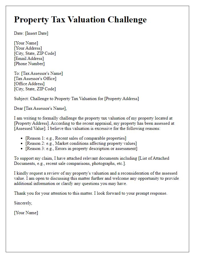 Letter template of property tax valuation challenge