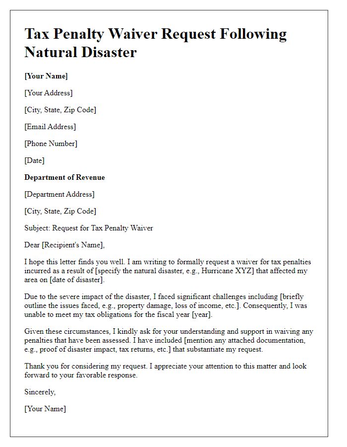 Letter template of tax penalty waiver following natural disasters