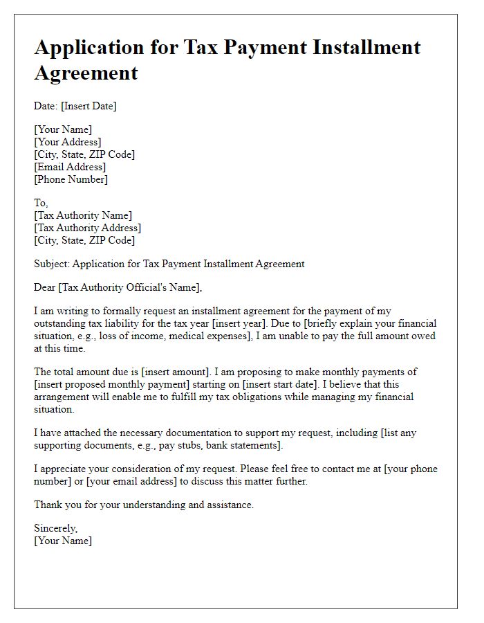 Letter template of application for tax payment installment agreement