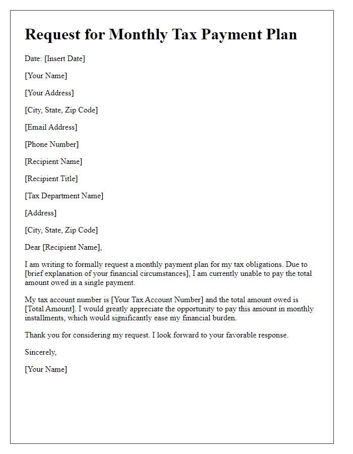 Letter template of formal request for monthly tax payment plan