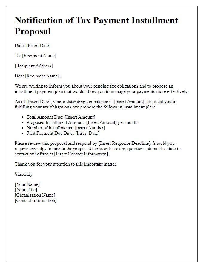 Letter template of notification for tax payment installment proposal