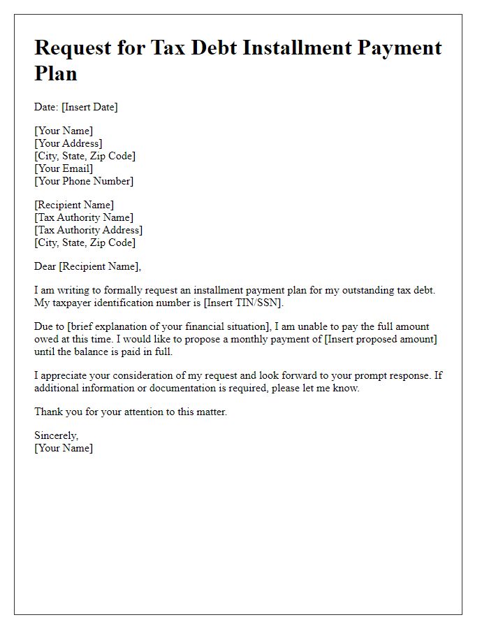 Letter template of submission for tax debt installment payment plan