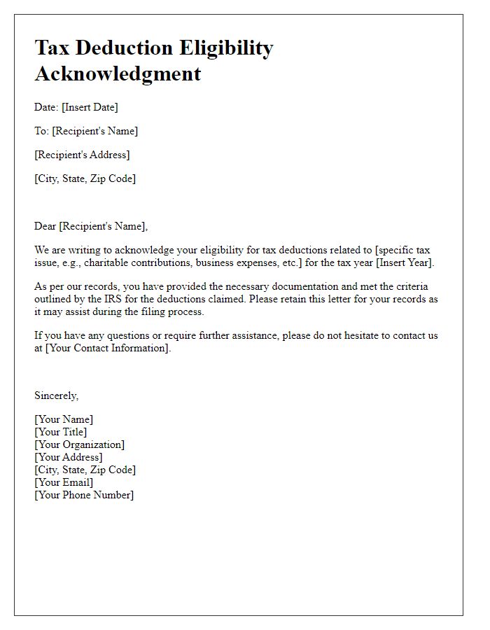 Letter template of acknowledgment of tax deduction eligibility.