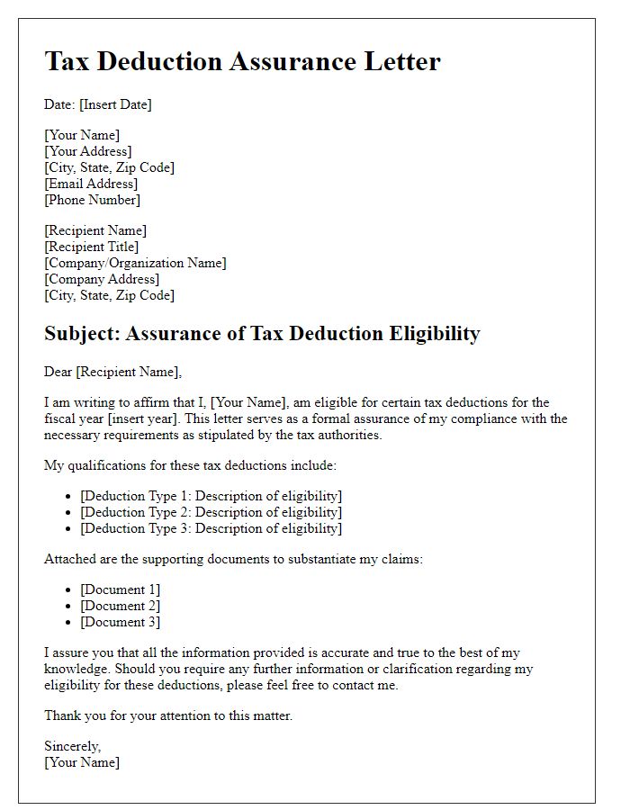 Letter template of assurance for tax deduction eligibilities.