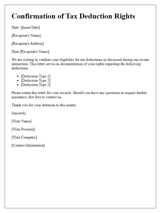 Letter template of confirmation regarding tax deduction rights.