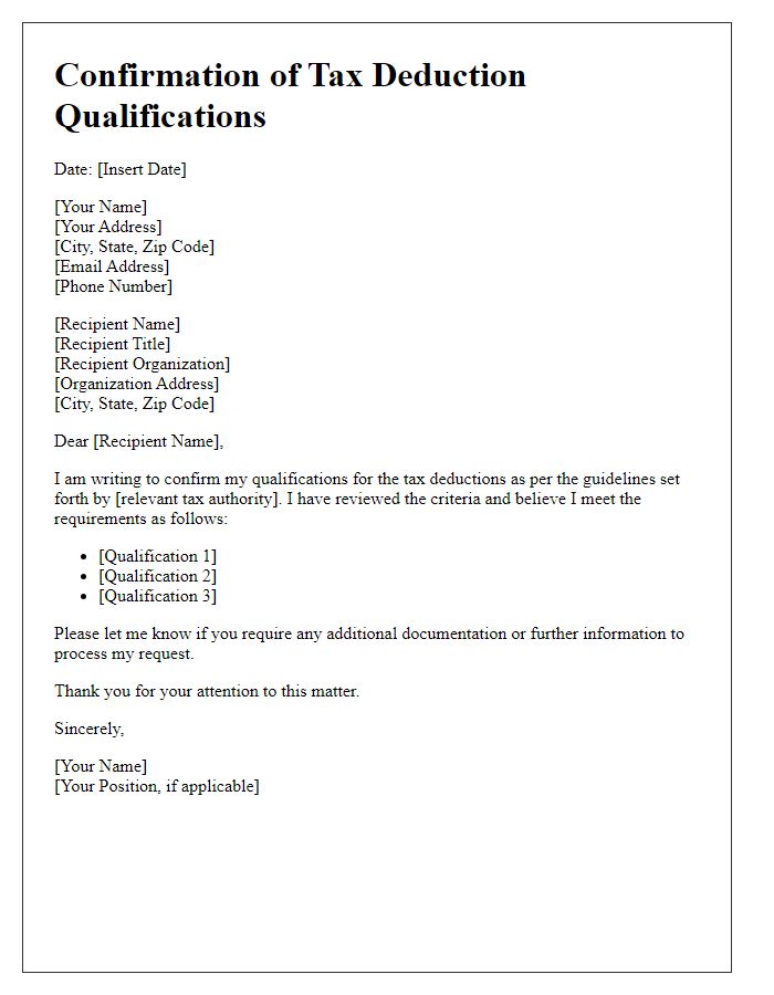 Letter template of confirmation for tax deduction qualifications.