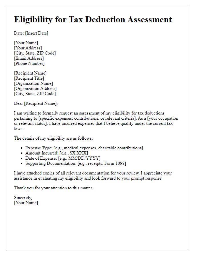 Letter template of eligibility for tax deduction assessment.