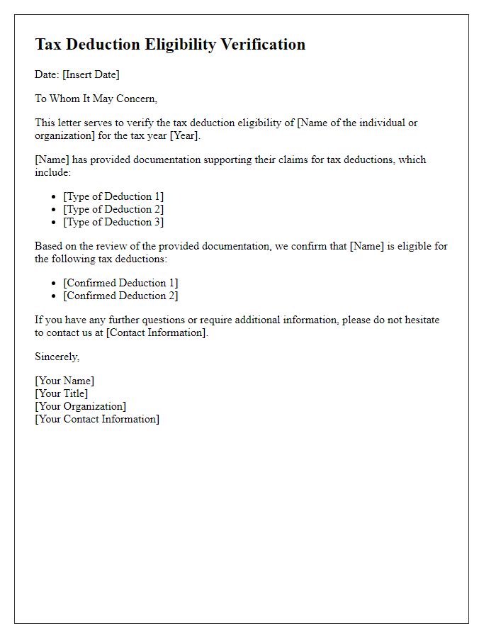 Letter template of tax deduction eligibility verification.