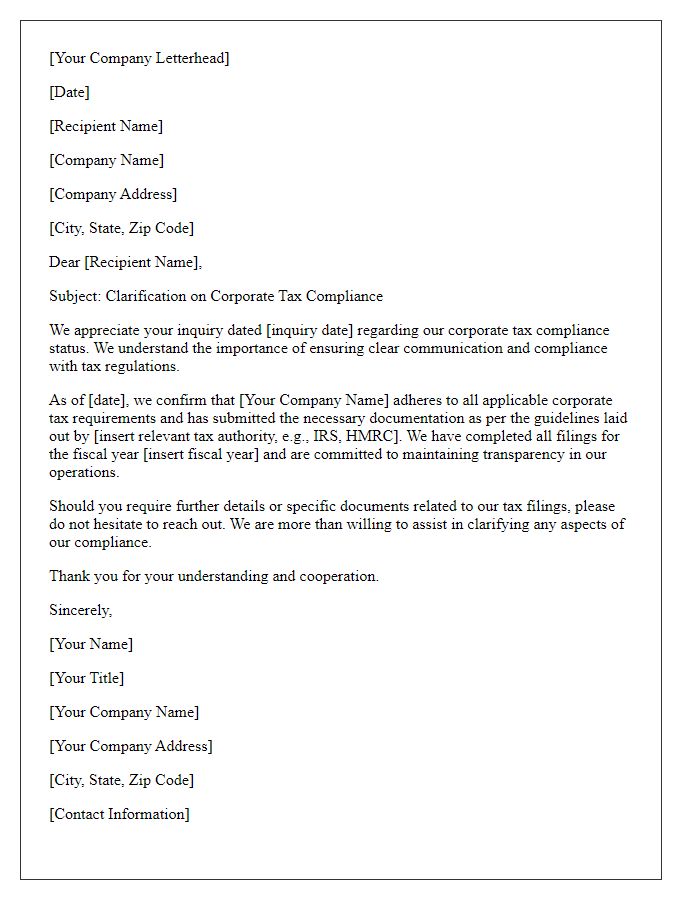 Letter template of corporate tax compliance clarification response