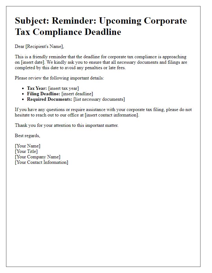 Letter template of corporate tax compliance deadline reminder