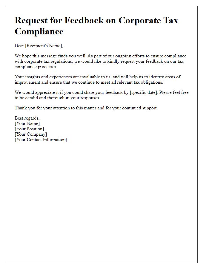 Letter template of corporate tax compliance feedback request