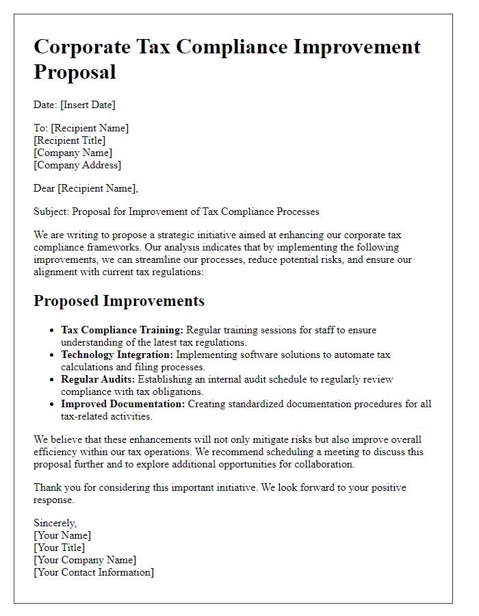 Letter template of corporate tax compliance improvement proposal