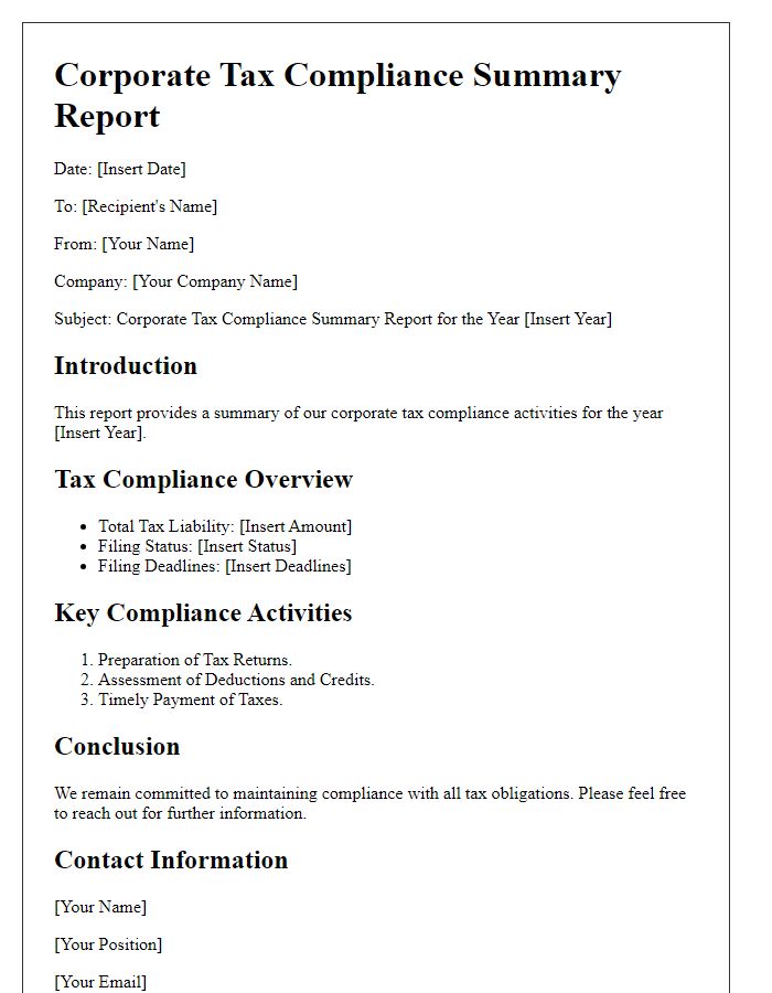 Letter template of corporate tax compliance summary report