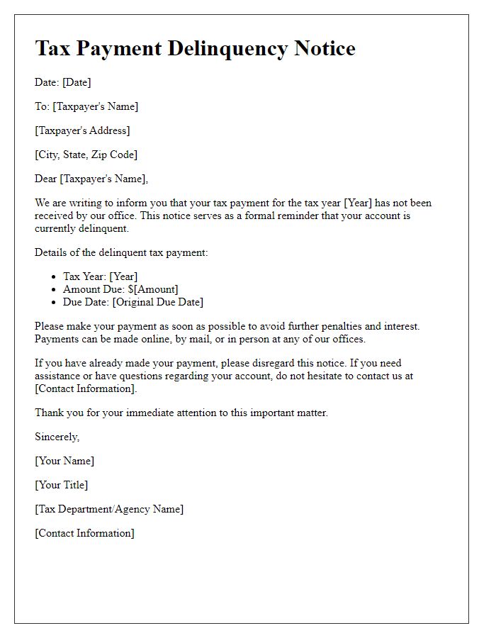 Letter template of tax payment delinquency notice