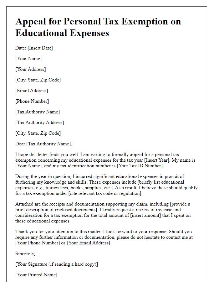 Letter template of personal tax exemption appeal for educational expenses.