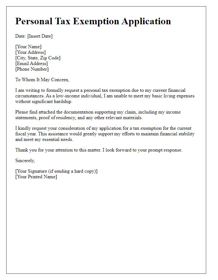 Letter template of personal tax exemption application for low-income individuals.