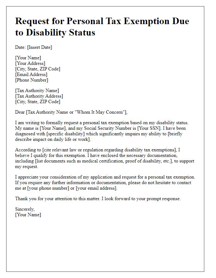 Letter template of personal tax exemption request due to disability status.