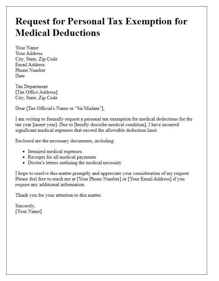 Letter template of personal tax exemption request for medical deductions.