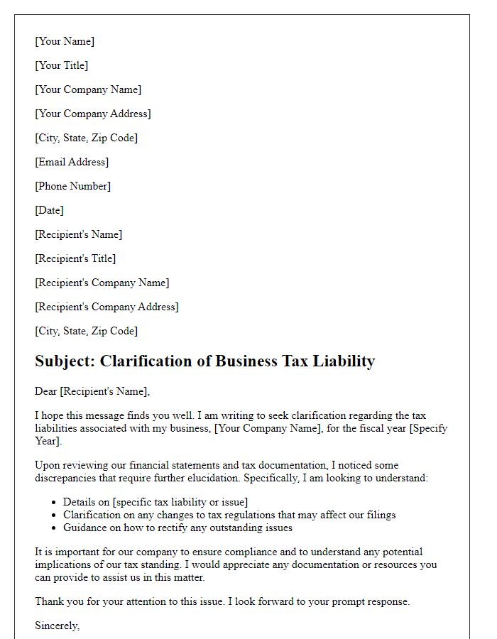 Letter template of business tax liability clarification