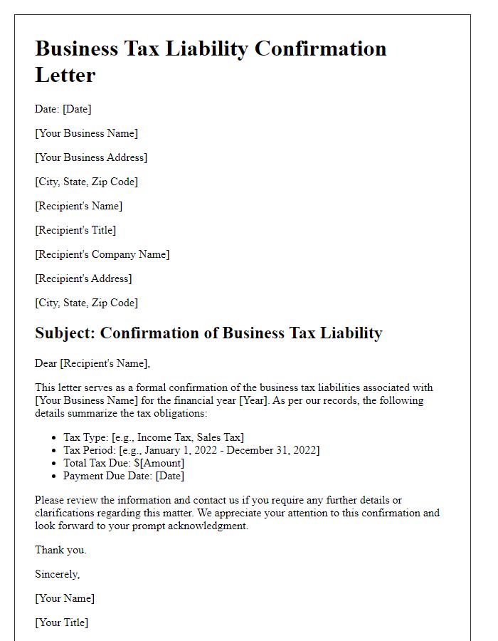 Letter template of business tax liability confirmation