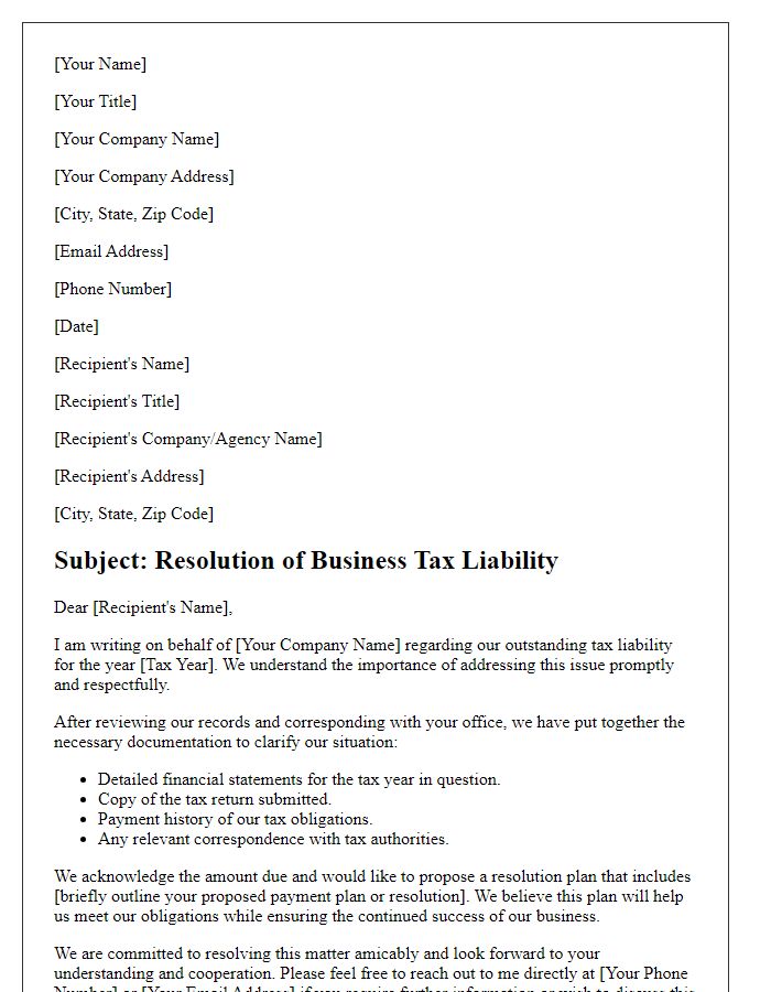 Letter template of business tax liability resolution