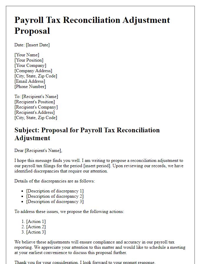 Letter template of payroll tax reconciliation adjustment proposal