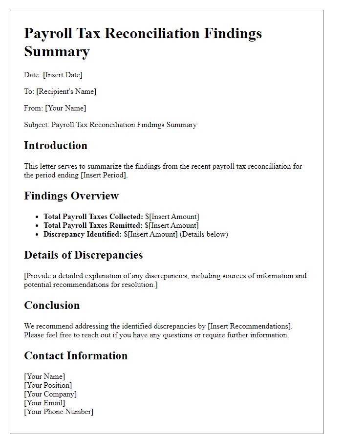 Letter template of payroll tax reconciliation findings summary