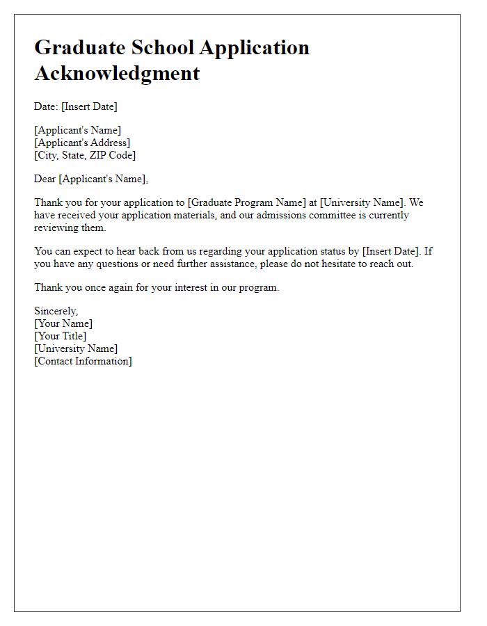 Letter template of acknowledgment for graduate school application