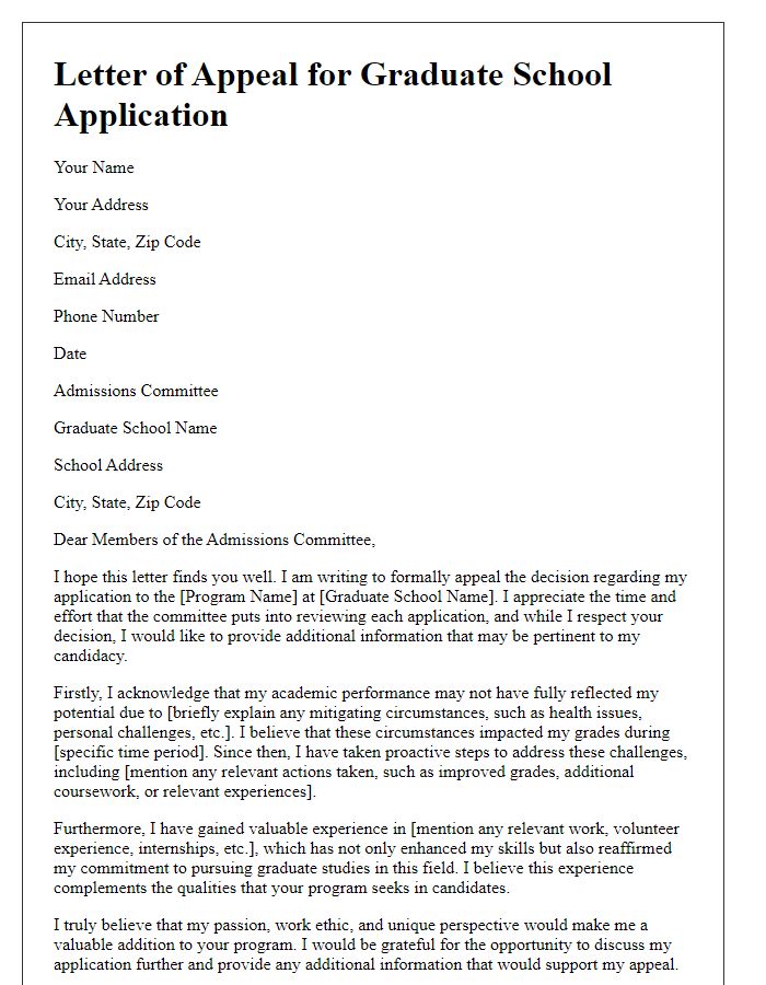 Letter template of appeal for graduate school application