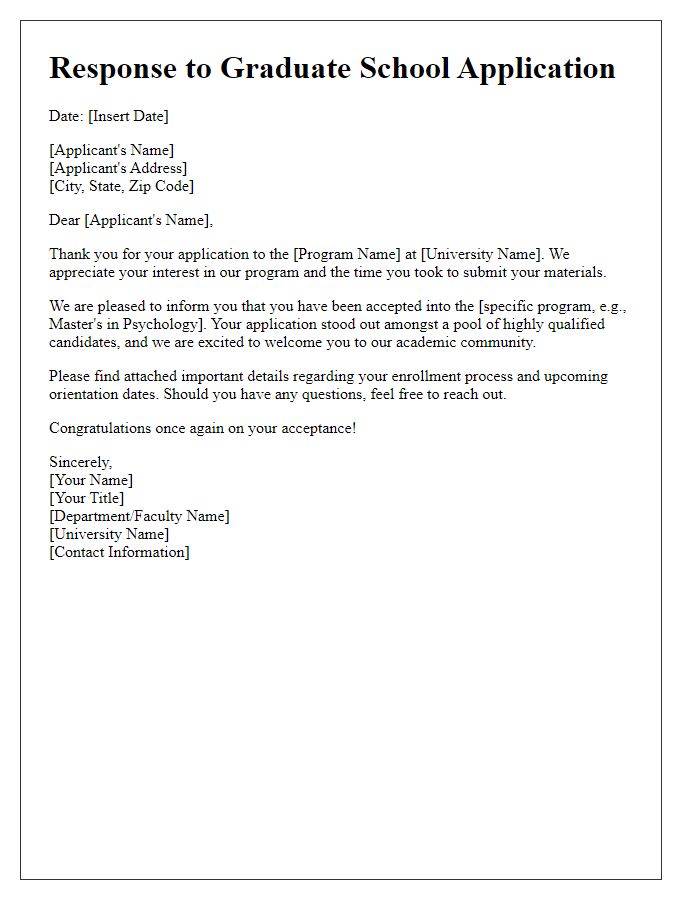 Letter template of response for graduate school application