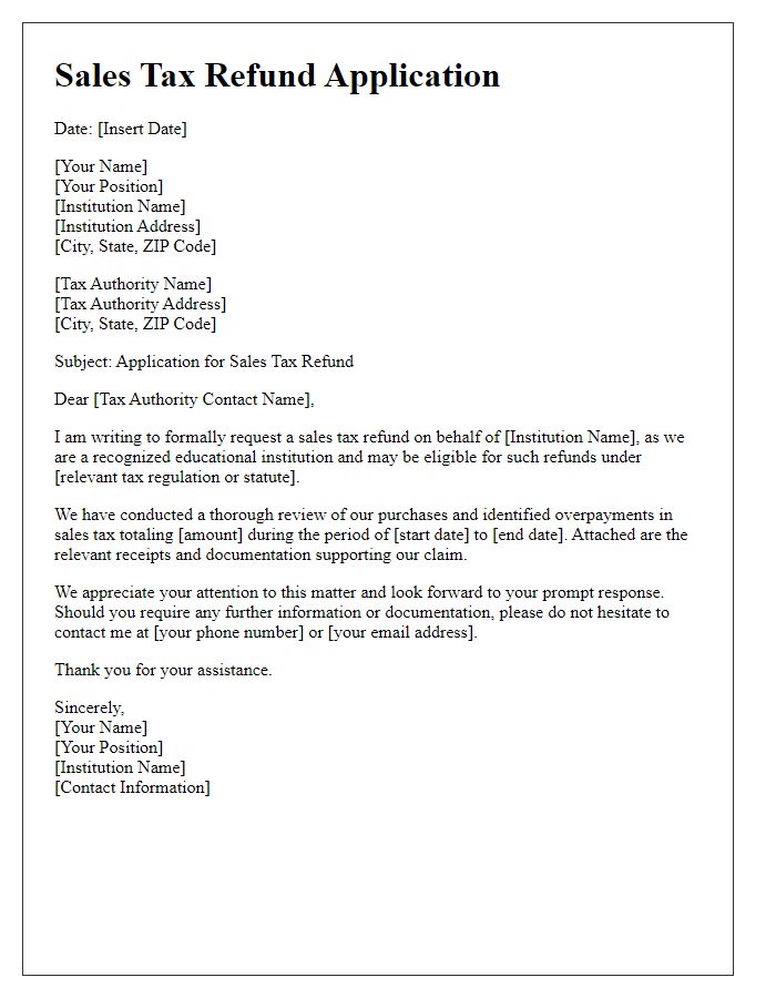 Letter template of Sales Tax Refund Application for Educational Institutions