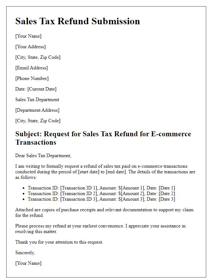 Letter template of Sales Tax Refund Submission for E-commerce Transactions