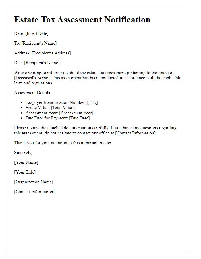 Letter template of estate tax assessment notification