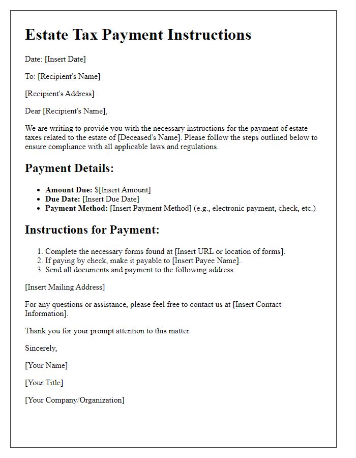 Letter template of estate tax payment instructions