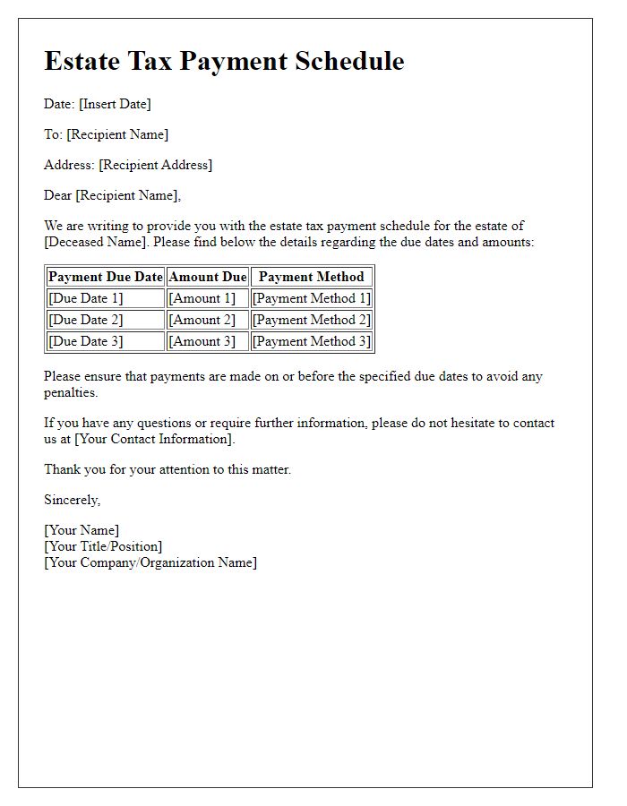 Letter template of estate tax payment schedule