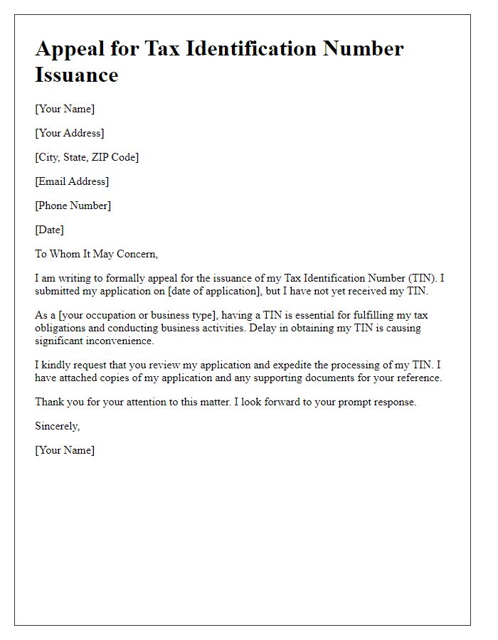 Letter template of appeal for tax identification number issuance.