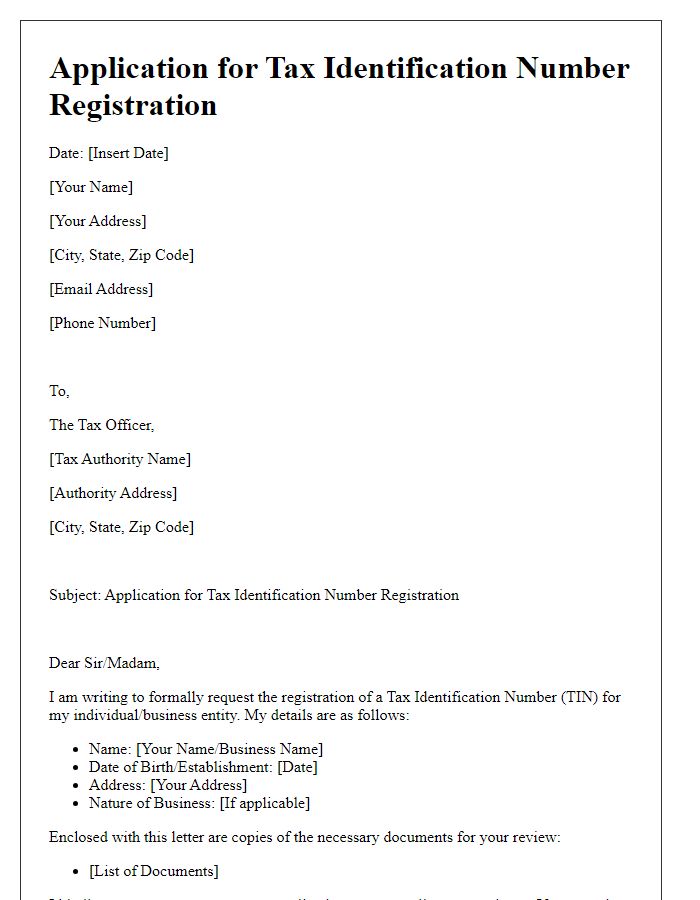 Letter template of application for tax identification number registration.