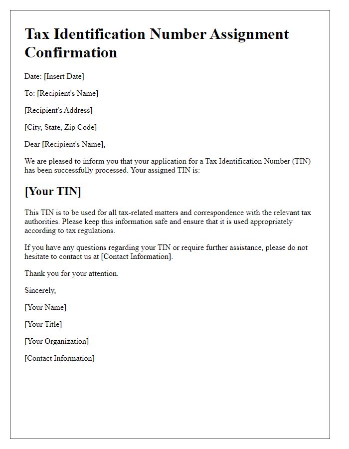 Letter template of confirmation for tax identification number assignment.