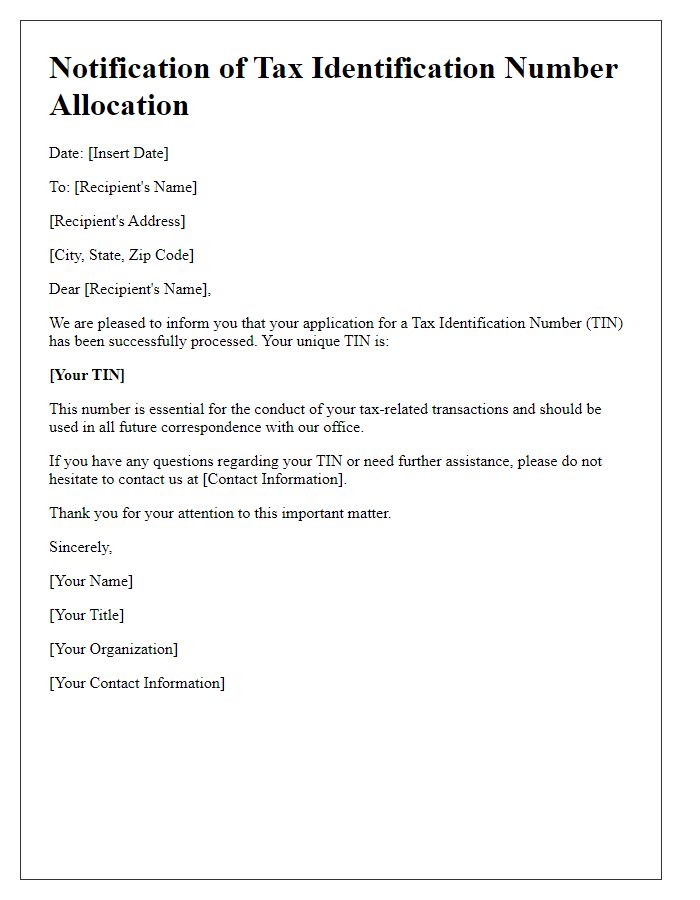 Letter template of notification for tax identification number allocation.